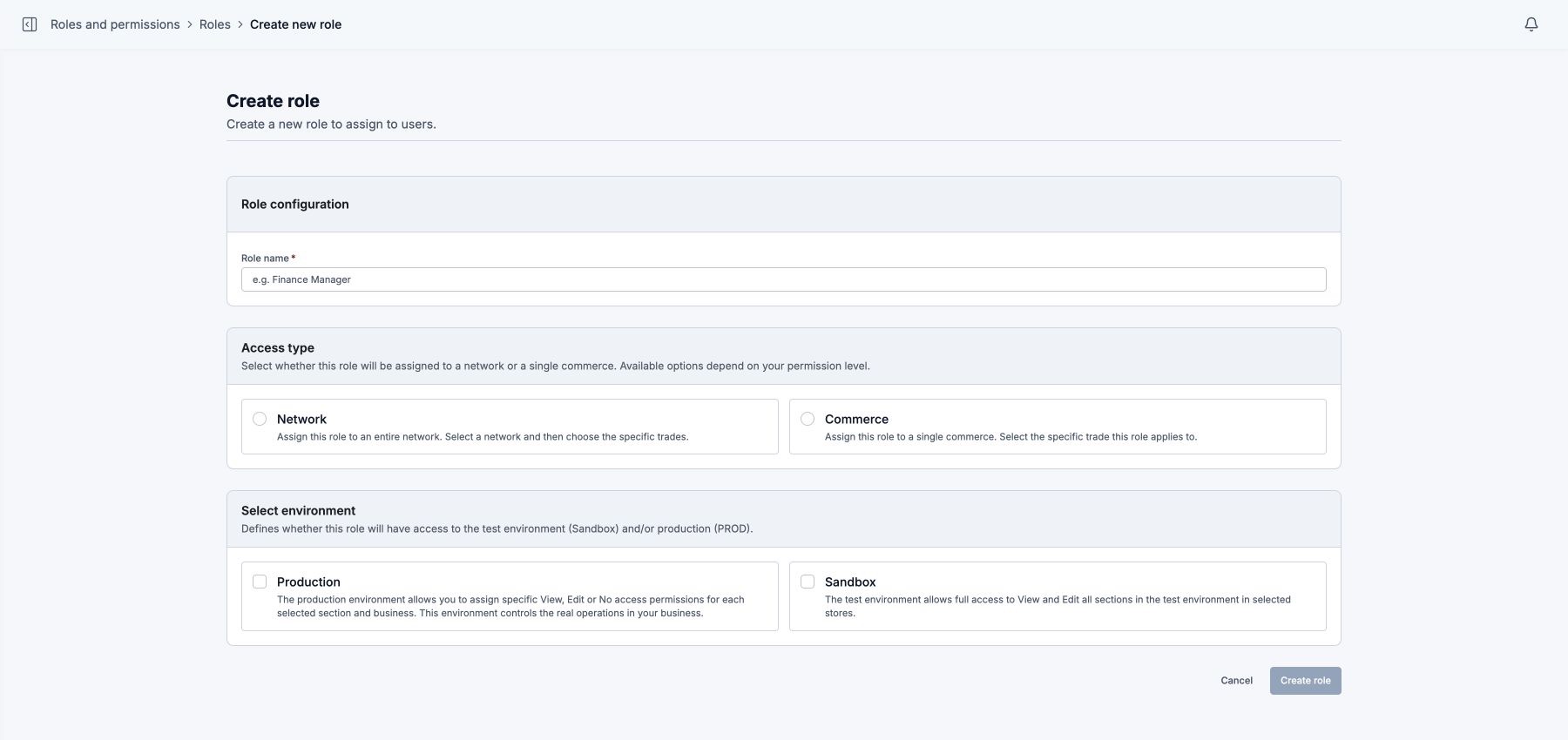 Create role form in the current DEUNA Admin